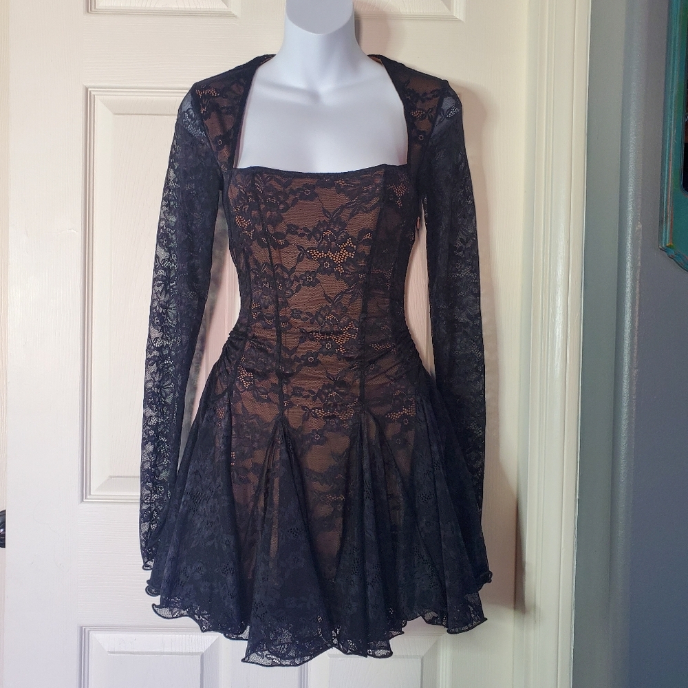 Murci Square Neck Black Lace Mini Dress Corset Sexy Formal Romantic Grunge Sz 8